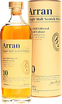 Arran+Whisky+10+Jahre+700+ml. - Arran 10 years with 700 ml. and 46 % volume in a present box.   The first 10 years old Arran because distillery opened 1995. Non chill filtered. With a golden colour.   Nose: Yeast and dough, hints of...