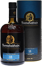 Bunnahabhain 18 years - Bunnahabhain 18 years with 700 ml. and 43 % volumen.   Bunnahabhain is a Islay Single Malt and for this age really cheap. Very good balanced whisky, the palate is influenced by mellow sherried nuts an...