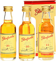 Glenfarclas+Miniaturenset+3+x+50+ml. - Glenfarclas Malt Whisky Selection with three bottles, each 50 ml. content.  The Glenfarclas Malt in this set is the result of a tradition more than 170 years or six generations.   Inside the set is a:  Glenfarclas 15 years with 50 ml. and 46 % volume Glenfarclas 21...