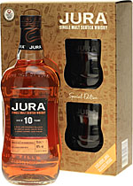 Isle+of+Jura+10+Jahre+Geschenkset+mit+2+Tumblergl%E4sern - Isle of Jura 10 Years 700 ml. content and 40 % volume.   The Isle of Jura 10 years is a mild and easy-going malt whisky, which is very salty. This Isle of Jura is packed in a Giftbox with two Whisky T...