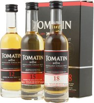 Tomatin Miniaturenset 3 x 50 ml. - Tomatin Miniaturenset with 3 bottles, each contain 50 ml. The miniature bottles from Tomaton are very high and looks very nice. Inside the set is a:  Tomatin 12 years 50 ml. and 40 % Vol. Tomatin 15 y...