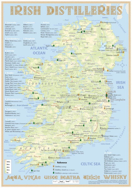 Karte der Destillerien in Irland auf Postergröße (60 x 42cm)